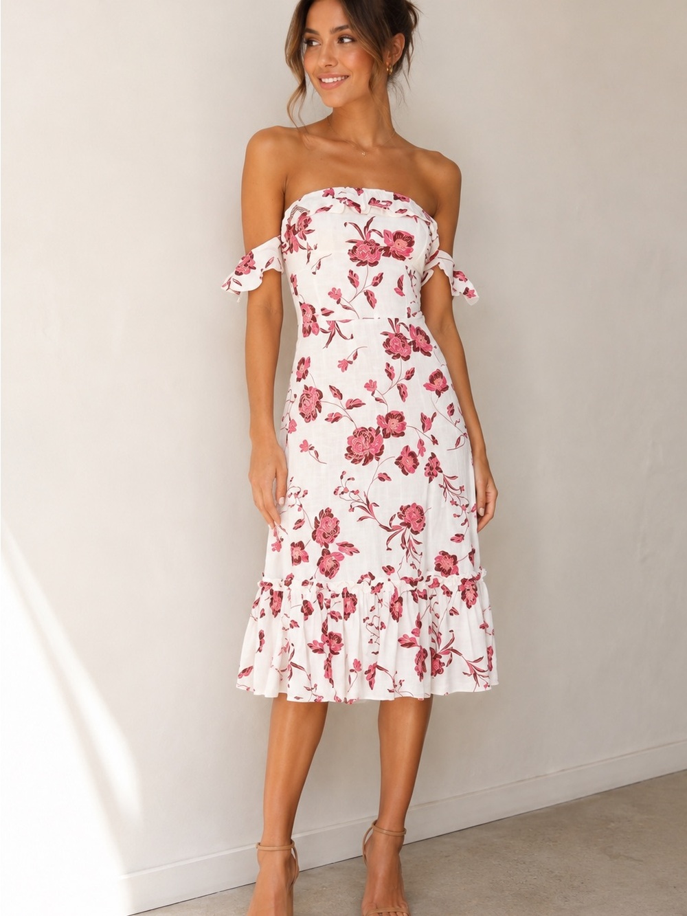 Misa Los Angeles Off-Shoulder White Floral Midi Dress